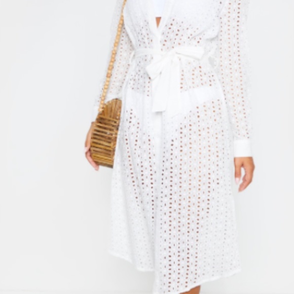 White Broderie Tie Waist Beach Dress - Picture 6 of 8